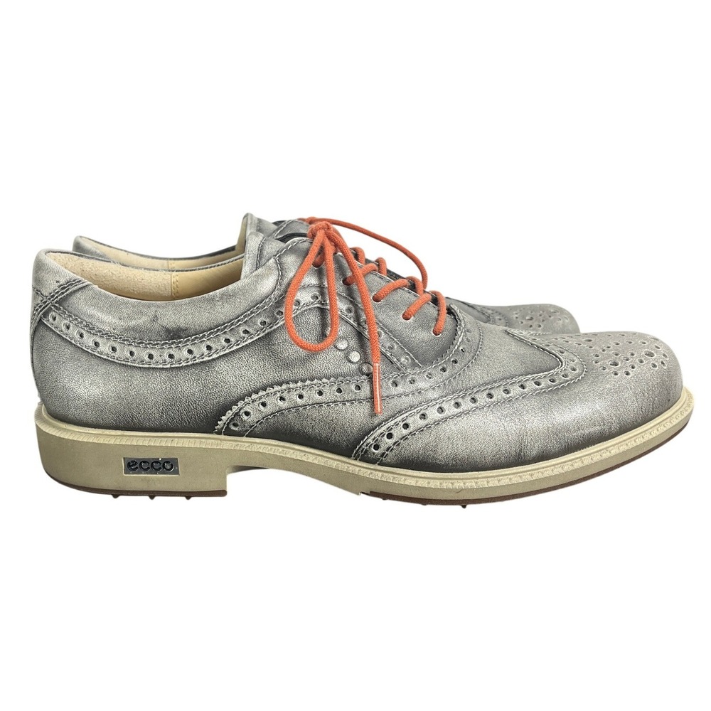Ecco Wingtip Brogue Oxford Golf Shoes Metallic Silver Orange Laces EU 40